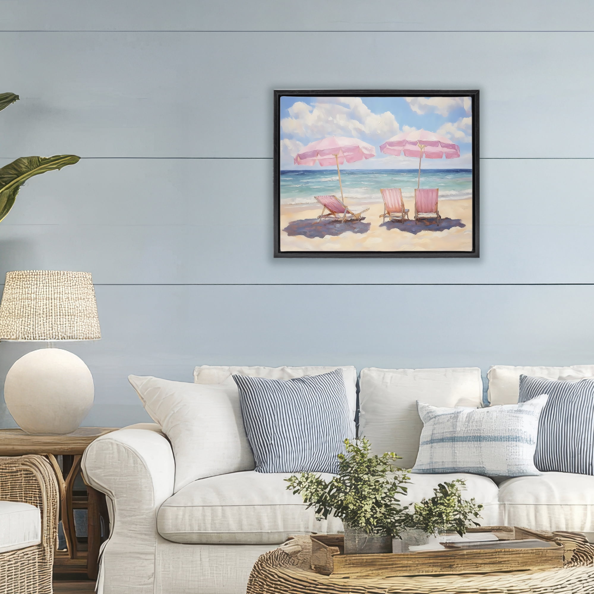 Stupell Industries Pink Summer Chairs by the Sea Black Framed Floater Canvas Wall Art, design by LSR Design Studio