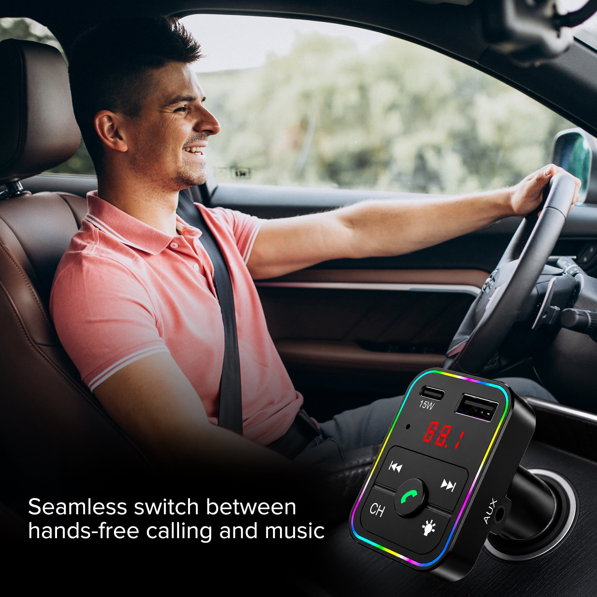 onn. Bluetooth FM Transmitter and Car Charger with USB-C 15W and USB-A 12W Charging, Hands-Free Calling, AUX Port, LED Display and Multicolor Light
