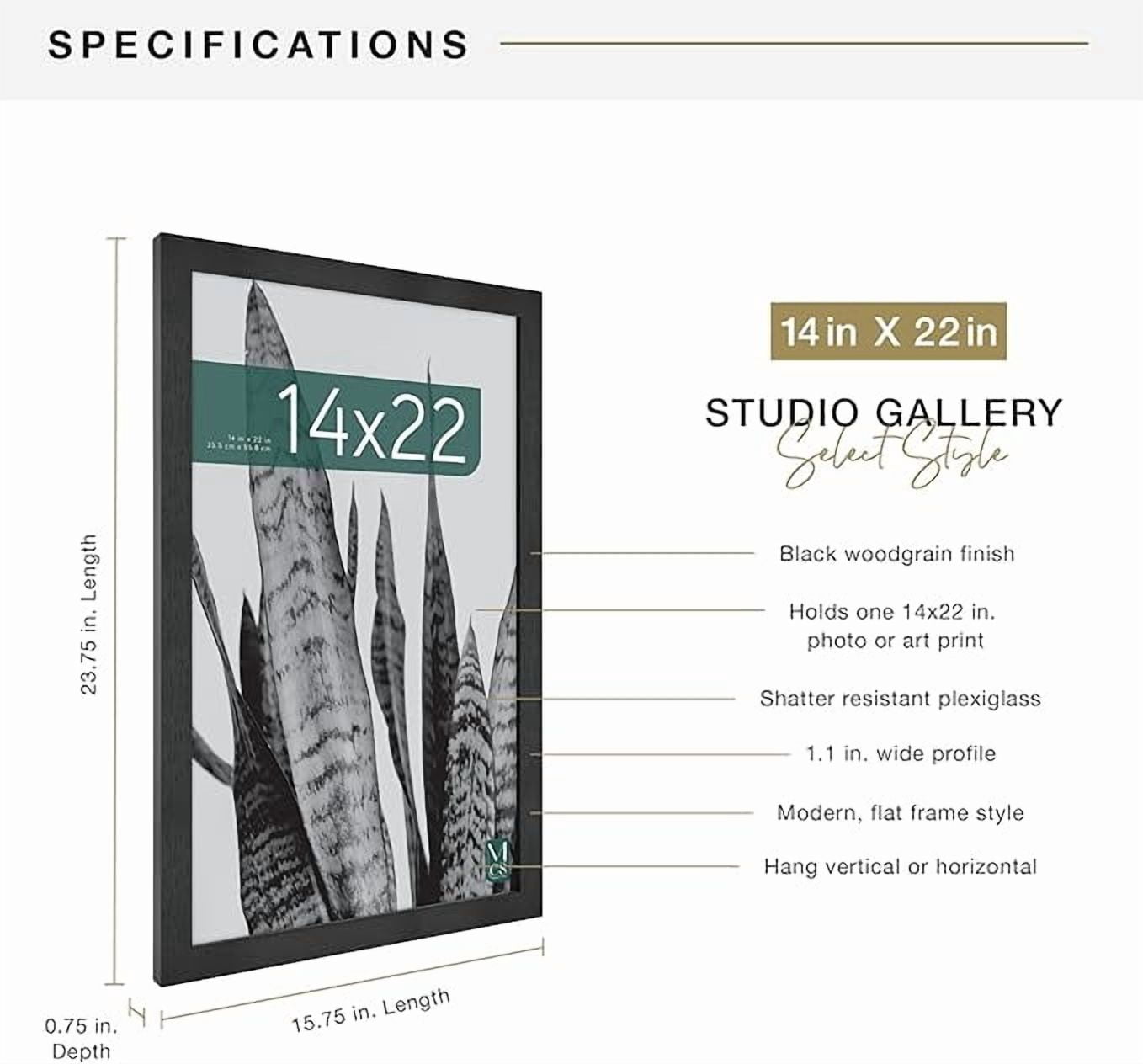 MCS Studio Gallery 14x22 Poster Frame Black Woodgrain, Vertical & Horizontal Wall Hanging Large Picture Frame for Photos, Posters & Art Prints (1-Pack)