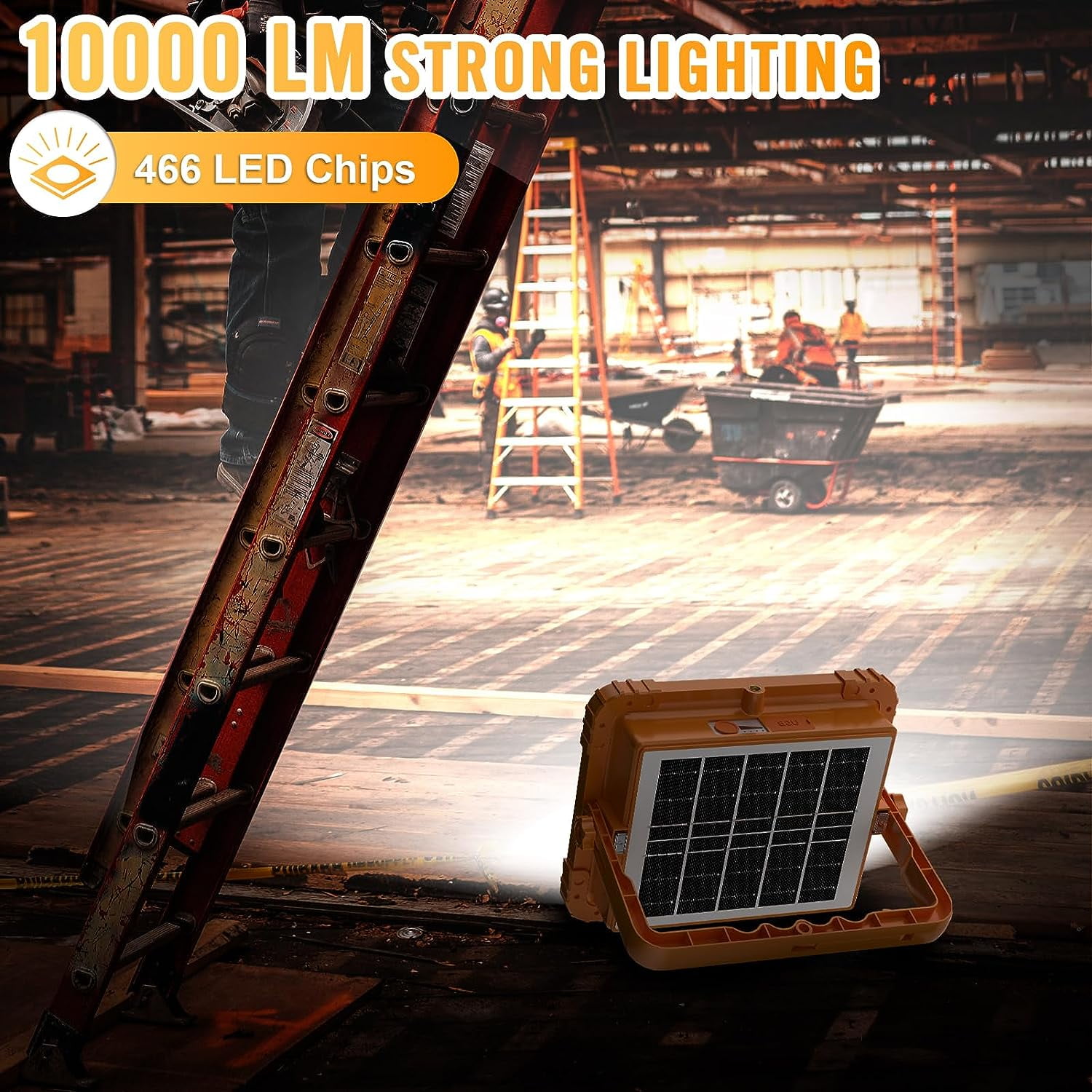 100W LED Solar Work Light, 466 LED 10000LM Magnetic Worklight with 5 Modes, 12000mAh Battary Rechargeable, IP66 Waterproof Portable Solar Power Outdoor Working Light for Emergency, Repair, Camping