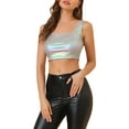 thumbnail image 5 of MODA NOVA Junior's U Neck Sleeveless Party Shiny Metallic Crop Top Silver Gray 2XL, 5 of 6