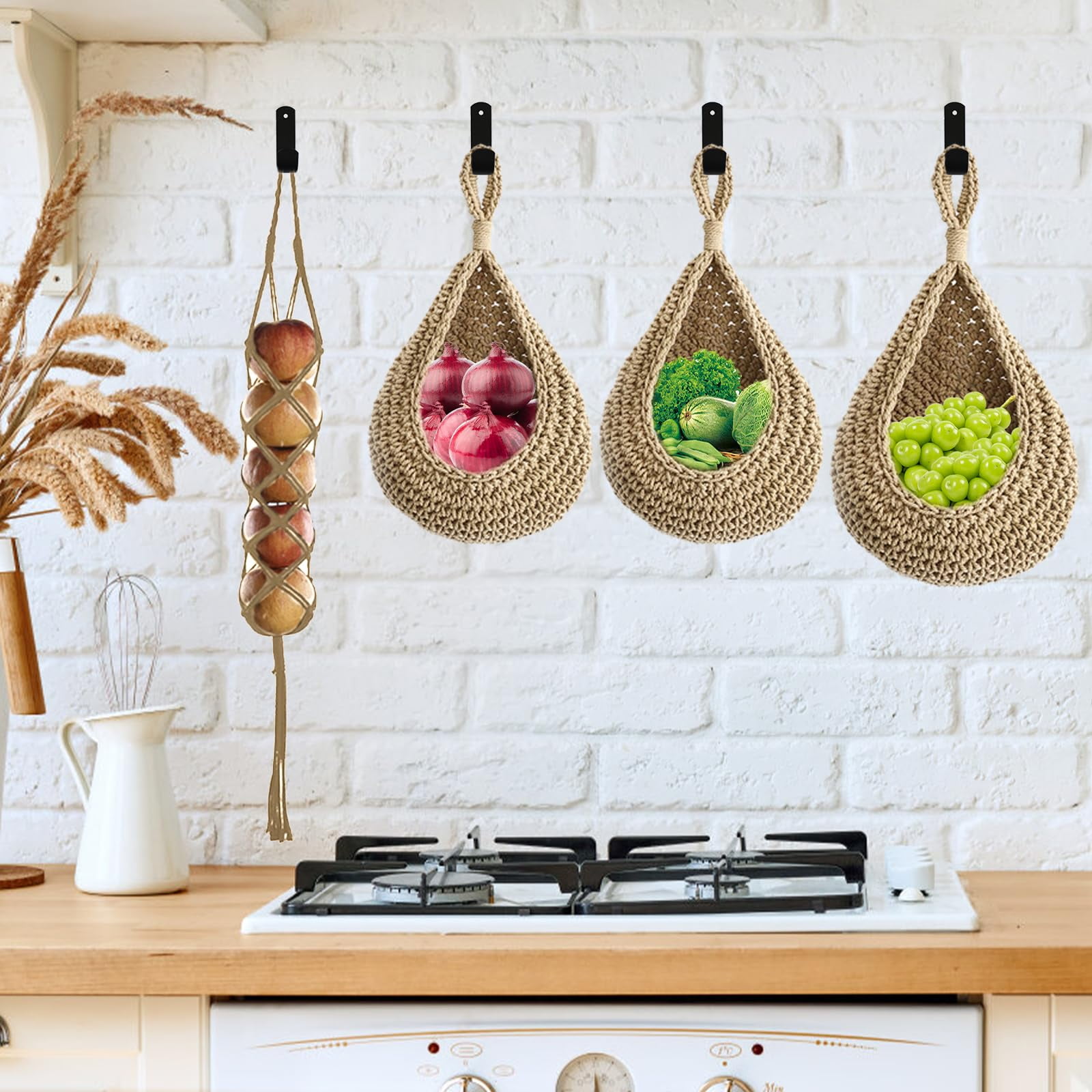 ZYNERY 4 Pack Hanging Fruit Baskets for Kitchen with 6Pcs Hooks, Boho Wall Hanging Baskets, Teardrop Hanging Baskets, Produce Basket for Potato Onion Storage, Home Wall Mount Organizing, Cotton Rope