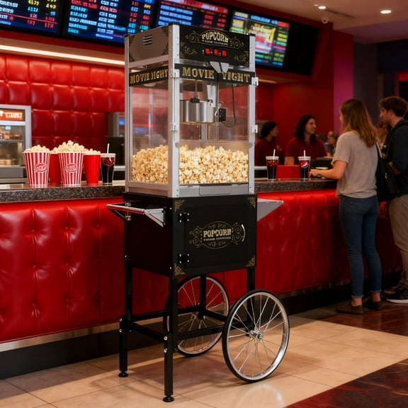 20oz Vintage Movie Theater Style Commercial Electric Popcorn Machine with Cart, Black