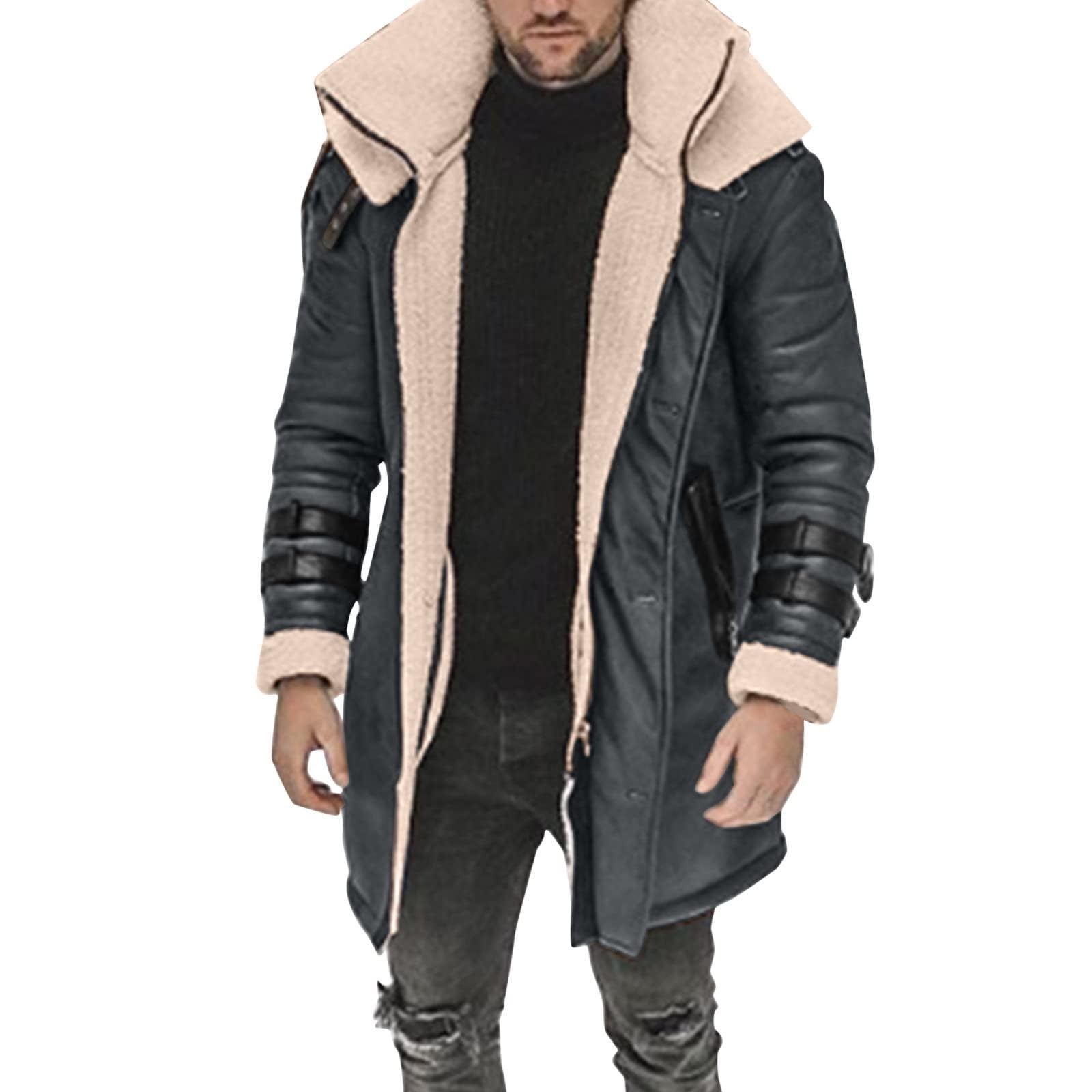 RongHuan Men's Big and Tall Faux Leather Coat Fleece Sherpa Lined Warm Trench Coats Winter Faux Fur Collar Jacket Thickened Long Sleeve Outwear