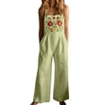 thumbnail image 2 of Wovilon Women's Floral Embroidered Sleeveless Wide Leg Jumpsuit with Pockets, Spaghetti Strap Boho Summer Vacation Outfit, Loose Fit Cotton Linen Overalls for Women, 2 of 9