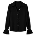 thumbnail image 6 of hoksml Women's Puff Sleeve Flare Cuff Button Down Shirt Lapel V Neck Solid Blouse Party Office Everyday, 6 of 7