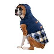 Vibrant Life Pet Jacket for Dogs and Cats: Navy Blue and Plaid Pieced Style with Sherpa Lining and Toggles, Size L