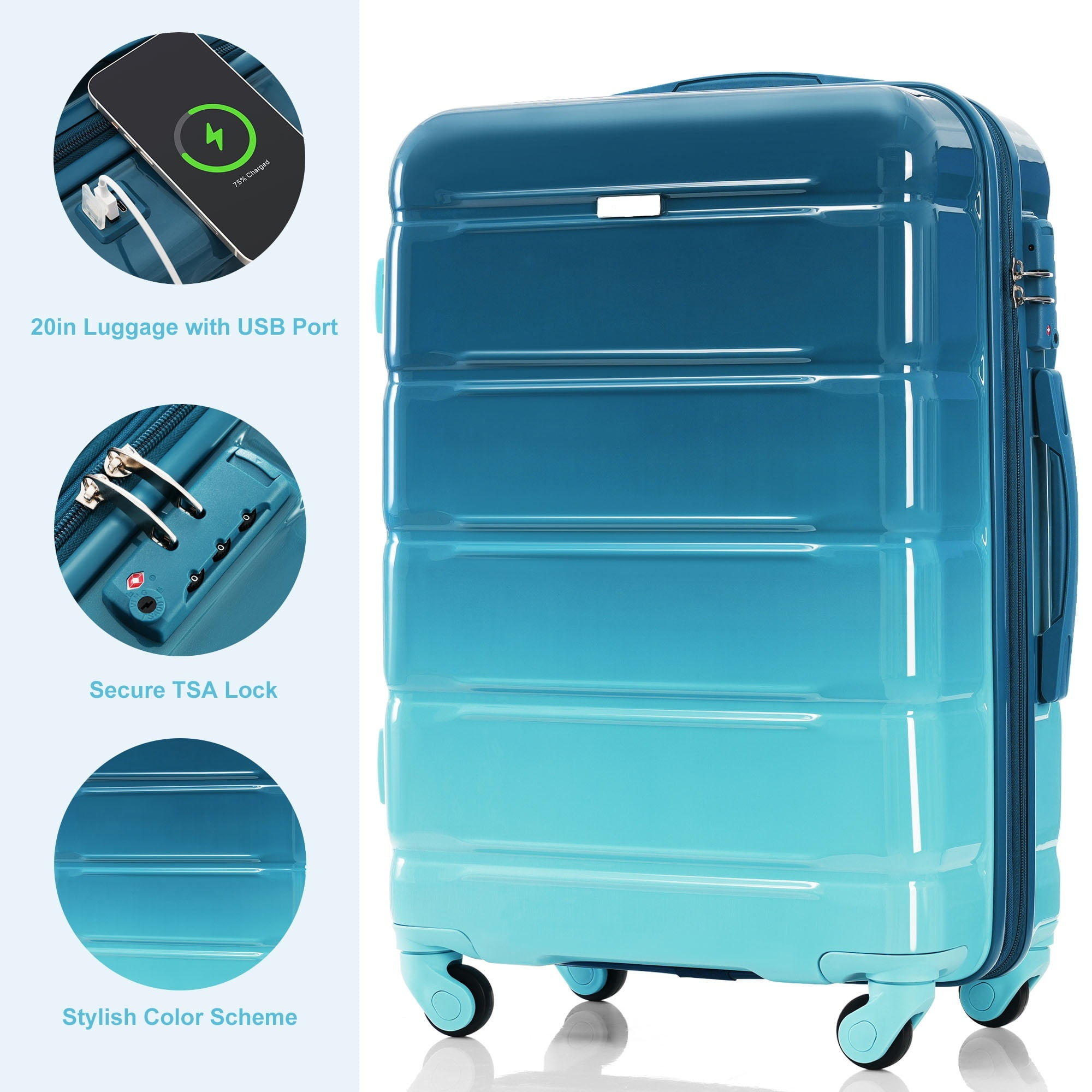 Euroco 5 Piece Luggage Sets, 20" Carry-on Suitcase with USB Port ,Cup Holder and 2 Travel Bags,Hardside Lightweight Durable Suitcase Set with TSA Lock and Spinner Wheels(20"/24"/28"),Blue