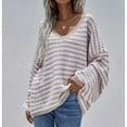thumbnail image 5 of Womens Loose Crewneck Long Sleeve Stripped Off the Shoulder Knitted Solid Pullover Fall Jumper Tops Khaki S, 5 of 7