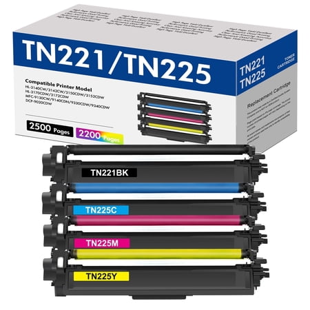 4-Pack TN221 TN225 Toner Cartridge Compatible for Brother TN-225 TN-221 HL3170CDW MFC-9130CW MFC-9330CDW MFC-9340CDW Printer Ink