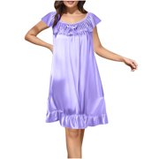 Sakmal Ruffle Moo Moos for Women Silky Knee Length Purple Cute House Dress Floral Short Sleeve Nightgowns for Women
