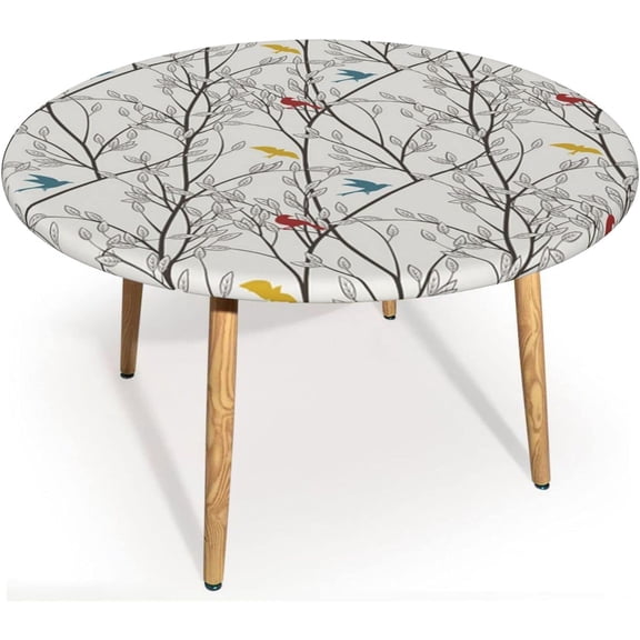 Birds Round Tablecloth,Indoor Kitchen Dinning Room Party or Outdoor OilProof StainResistant,Round Fitted Table Cover with Elastic Edges,Ruby Petrol Blue Earth Yellow _72"(67"-68" diameter)