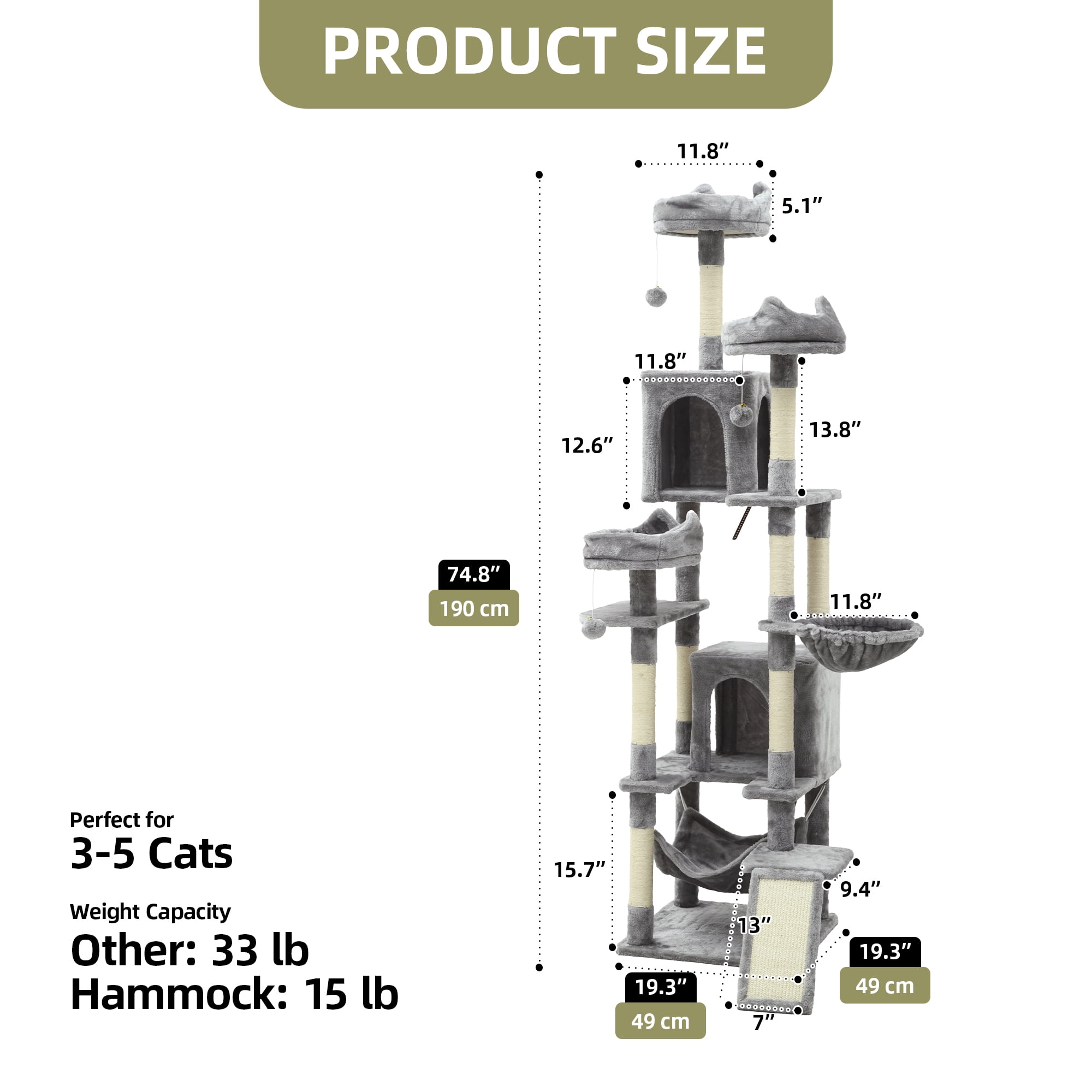 Uforic 75in Large Cat Tree Tower, Multi-Level Cat Condos, with Scratch Posts, Cozy Basket Hammocks, Top Perches, Sisal Ramp, Light Gray