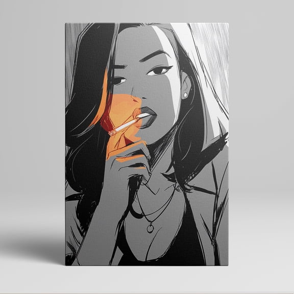 1pc Stylish Black - and - White with Orange Accent Canvas Wall Art Featuring a Cool - looking Woman Smoking, framed Decor room hanging Wall Picture Decor for Home Gifts, living room, bathroom,