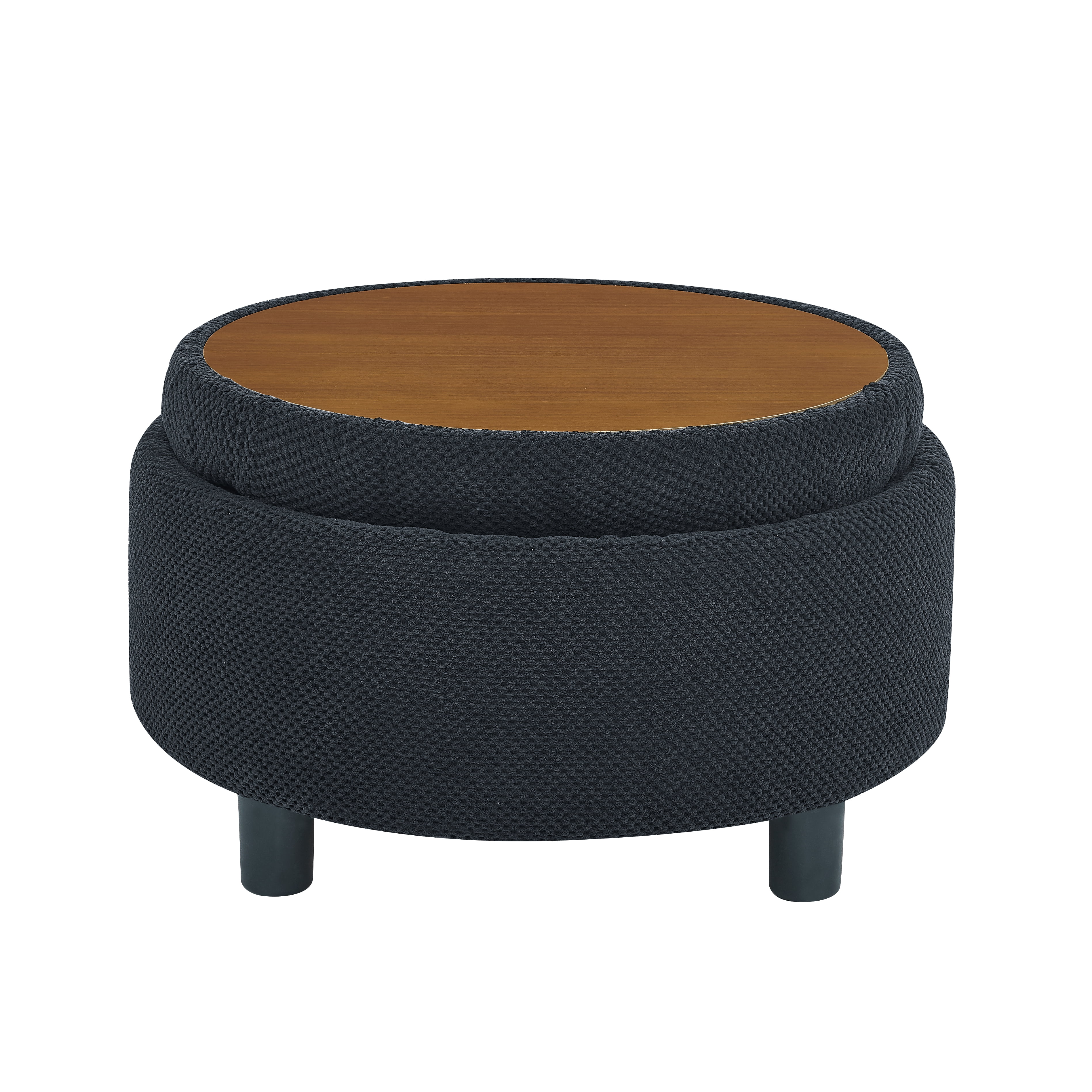 25 Inch Round Storage Ottoman with Removable Wooden Tray, Tufted Fabric Coffee Table with Hidden Storage, Upholstered Footstool for Living Room, Bedroom, Black