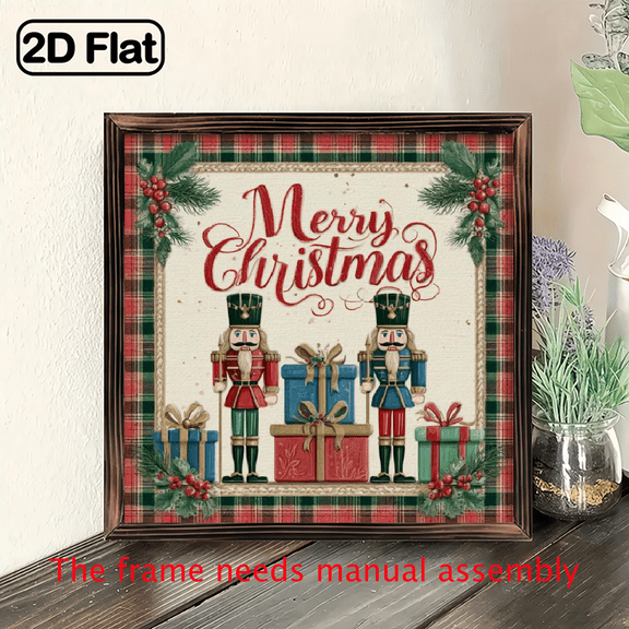 2D Flat, 1pc Vintage Rustic Farmhouse Wooden Framed Christmas Wall Decor - Nutcracker Soldiers, Red Green Plaid Golden Patterns with Holly Berries Bow - 8-Inch Square MantelTabletopDoor Hanging Si
