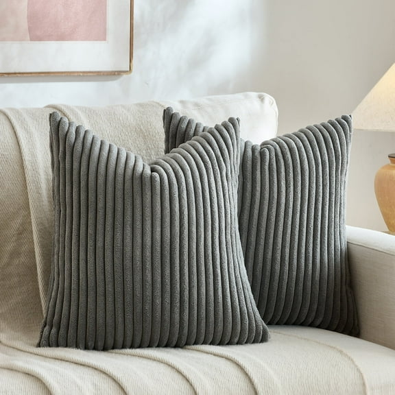 Fancy Homi Set of 2 Dark Gray Boho Decorative Throw Pillow Covers 18x18 Inch for Couch Bed Sofa, Aesthetic Modern Farmhouse Room Decor, Soft Fuzzy Fluffy Cozy Corduroy Textured Cushion Case 45x45cm