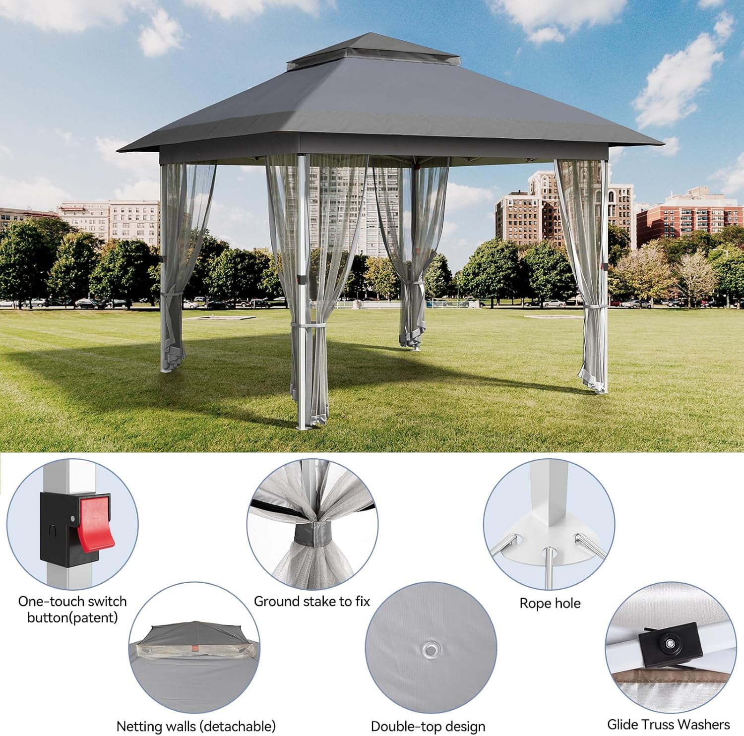Senfot 12x12 FT Outdoor Folding Gazebo Canopy Tent with Mosquito Net Waterproof Windproof UV Resistant for Camping Party Yard Gray