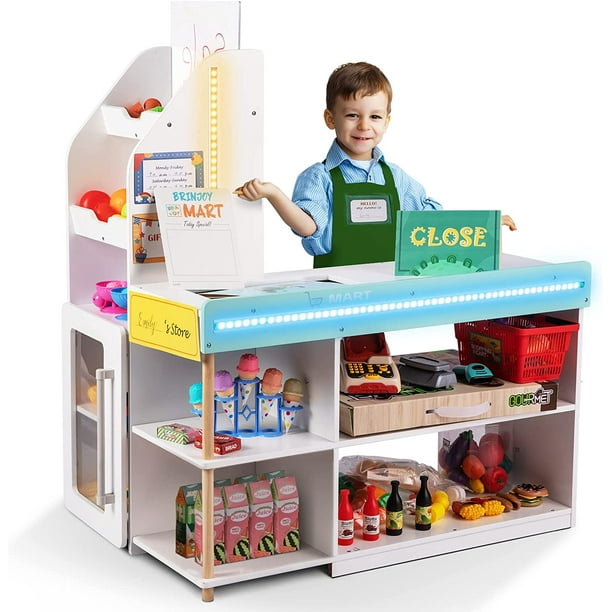BRINJOY Grocery Store Pretend Play, Kids Play Store Wooden Market Stand
