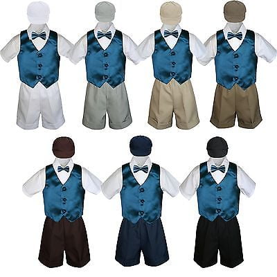 

5pc Boy Toddler Formal Green Teal Vest Bow Tie Black Khaki Navy Hat Shorts S-4T