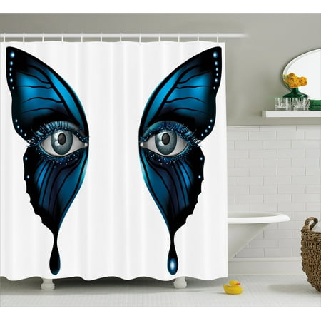 - Eye Shower Curtain, Realistic Female Eye on Magical Butterfly Wings Artistic Makeup Mask Masquerade, Fabric Bathroom Set with Hooks, Blue Black White, by Ambesonne