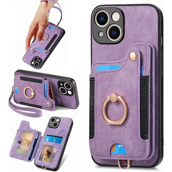 ZUKKASHAN for iPhone 15 Phone Case Wallet with Card Holder,PU Leather Flip Folio Case,RFID Blocking Ring Holder Kickstand Wrist Strap Magnetic Protective Women Men Cover for iPhone 15