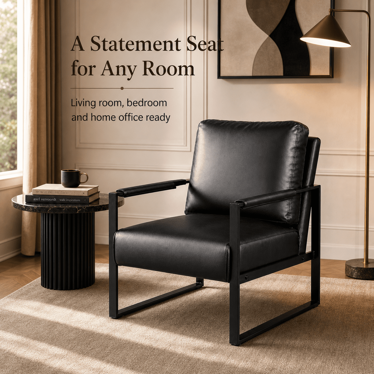 Mintazer Modern Microfiber Accent Chair, Square Metal Frame Lounge Armchair for Living Room Bedroom Office, Black