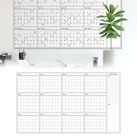 34"×58" Extra Large Undated Dry Erase Yearly Wall Calendar, 12-Month Reusable Laminated Planner with Monthly & Yearly Note Sections, Big Daily Blocks for Home Office Classroom Scheduling