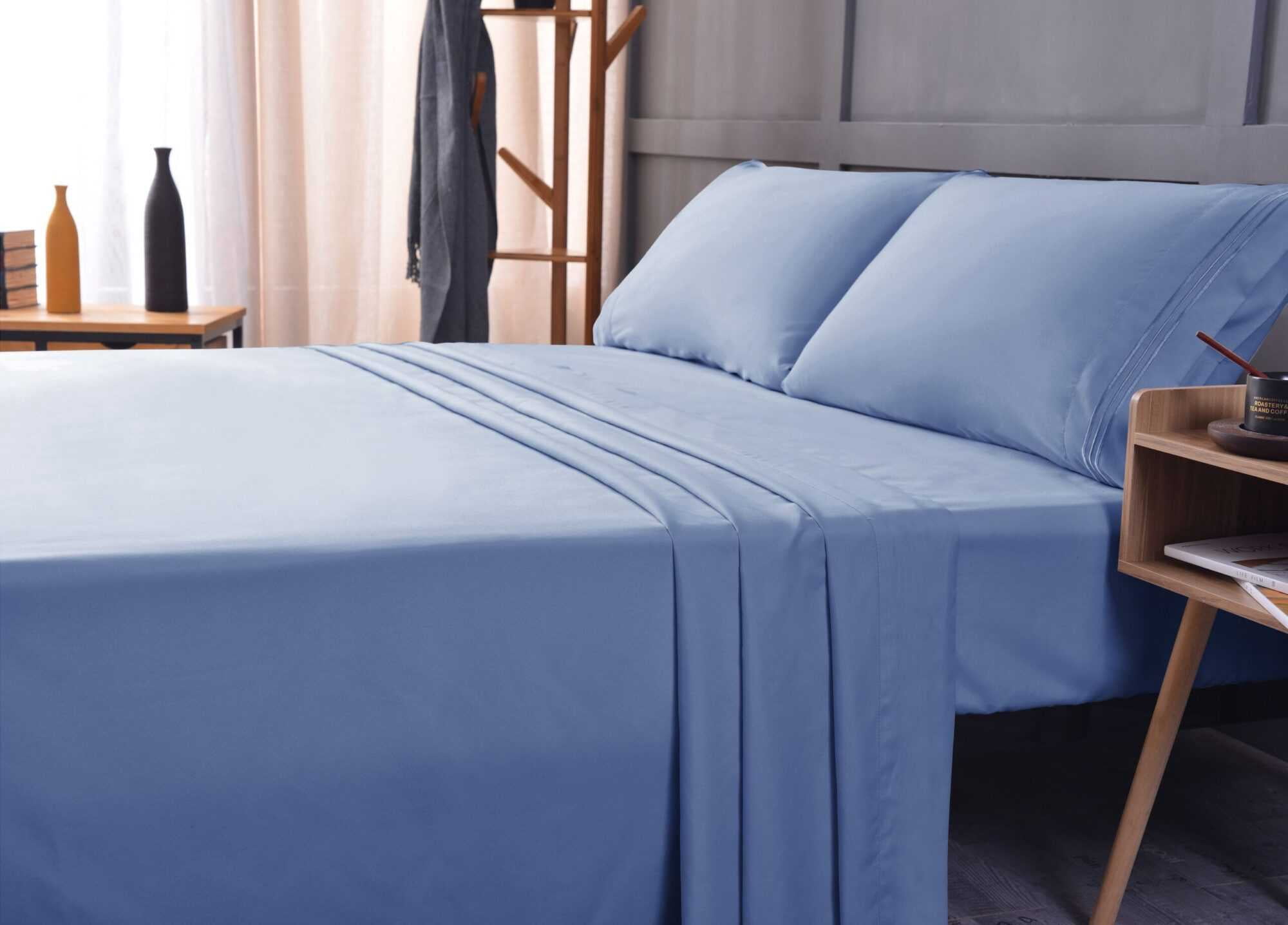 the Season Essentials Wrinkle Free Sheet Sets with Deep Pockets &amp; Stain Resistant, 1800 Thread Count Bamboo Based, Blue, California King