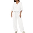 thumbnail image 6 of Breathable Cotton Linen 2 Piece Set, Women's V-Neck 3/4 Sleeve Top & High Waist Wide Leg Pants Casual Outfit, White L, 6 of 8