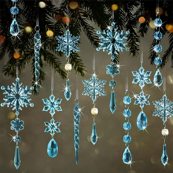 LAMIRO 18Pcs Christmas Ornaments for Christmas Tree Decorations-Light Blue Hanging Acrylic Snowflake and Icicle Ornaments with Drop Pendants for Christmas Tree New Year Party