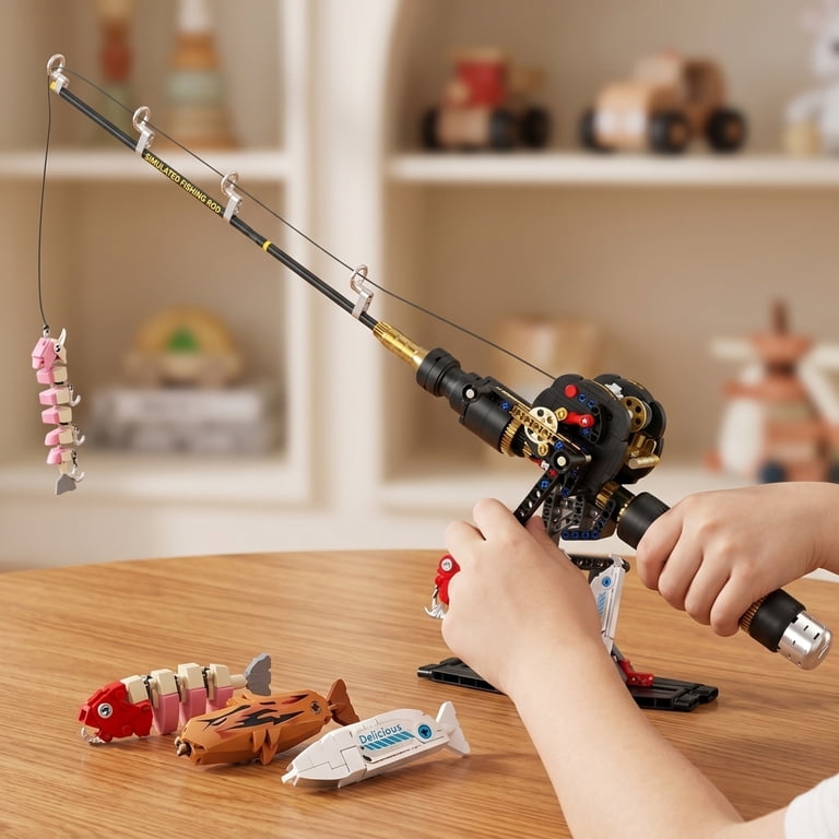 build fishing reel Rod Building Blocks Toy, Compatible with LEGO Fish Rod, STEM Mechanical Fishing Pole Construction Set with and Fish Bait Accessories, Creative Educational Toy Gift for Adult : Toys & Diy Fishing Reel Build Your
