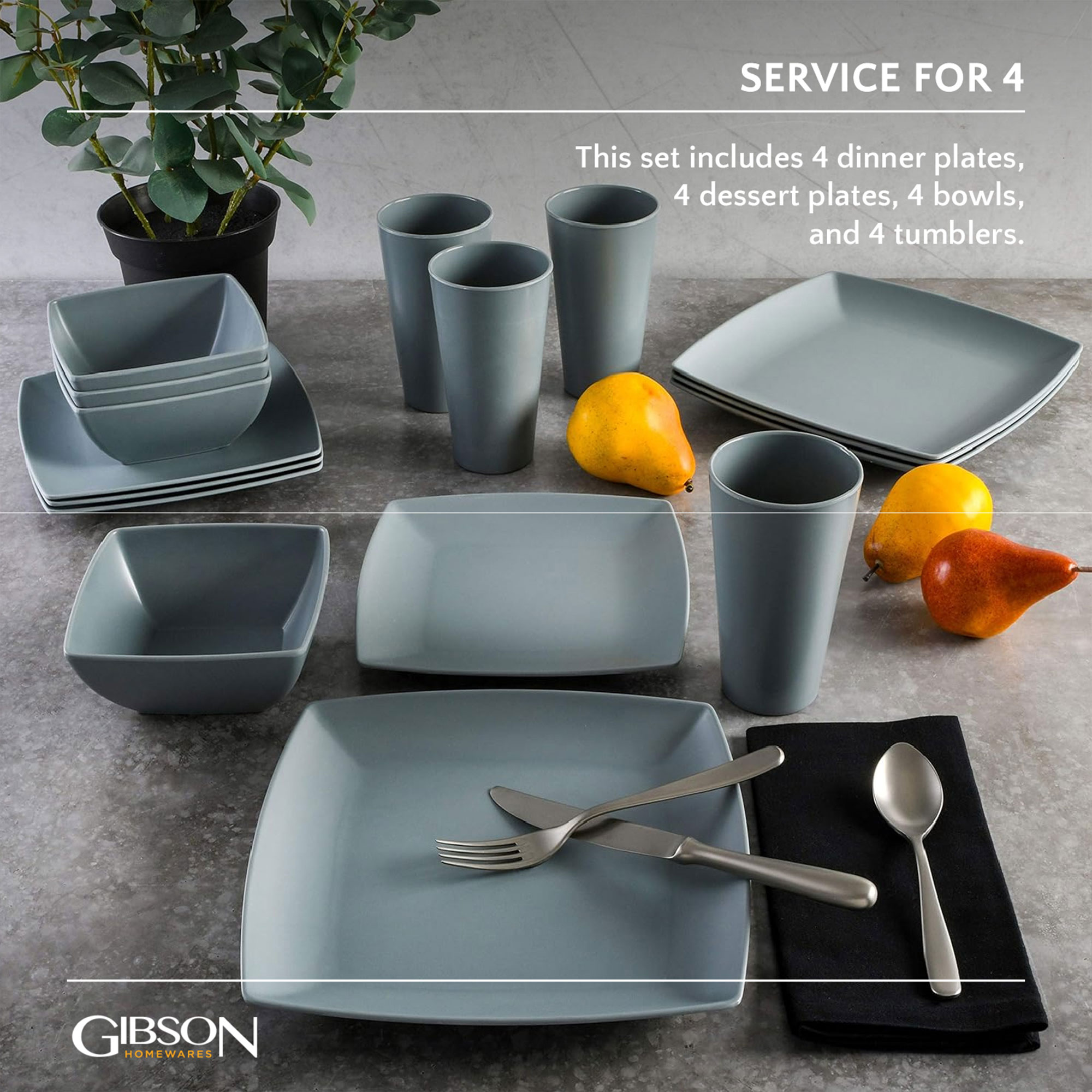 Gibson Home Soho Grayson Square Melamine Dinnerware Set, Service for Four (16pcs), Grey - image 3 of 7
