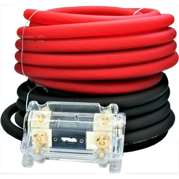 MK Audio MKIT025RB 0 Gauge Wire Red / Black Amplifier Amp Power/Ground Cable 1/0 Set - Free Fuse
