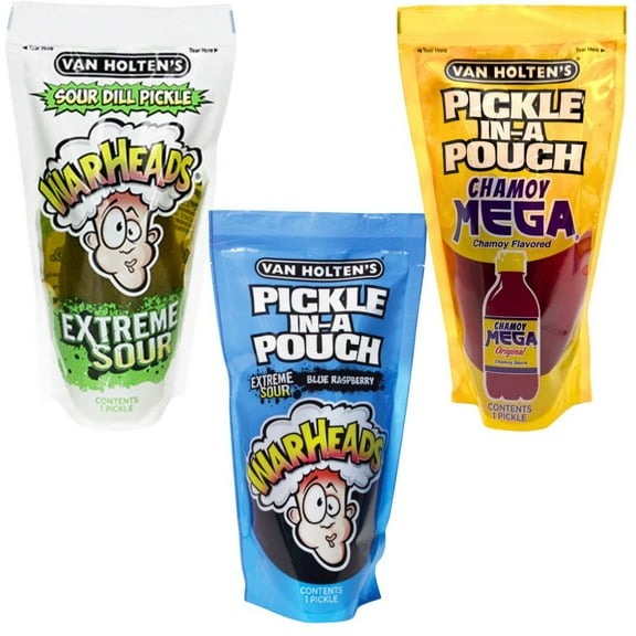 Van Holten’s Pickle Variety Pack, 3 Count – Warheads Extreme Sour, Blue Raspberry, Chamoy Mega Pickles, Individual Pouches