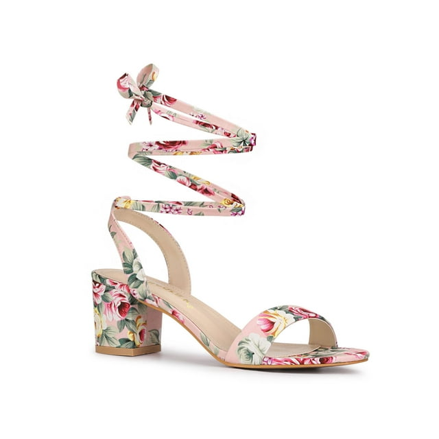 BLISSFUL STEP Women's Open Toe Block Mid Heeled Lace Up Sandals