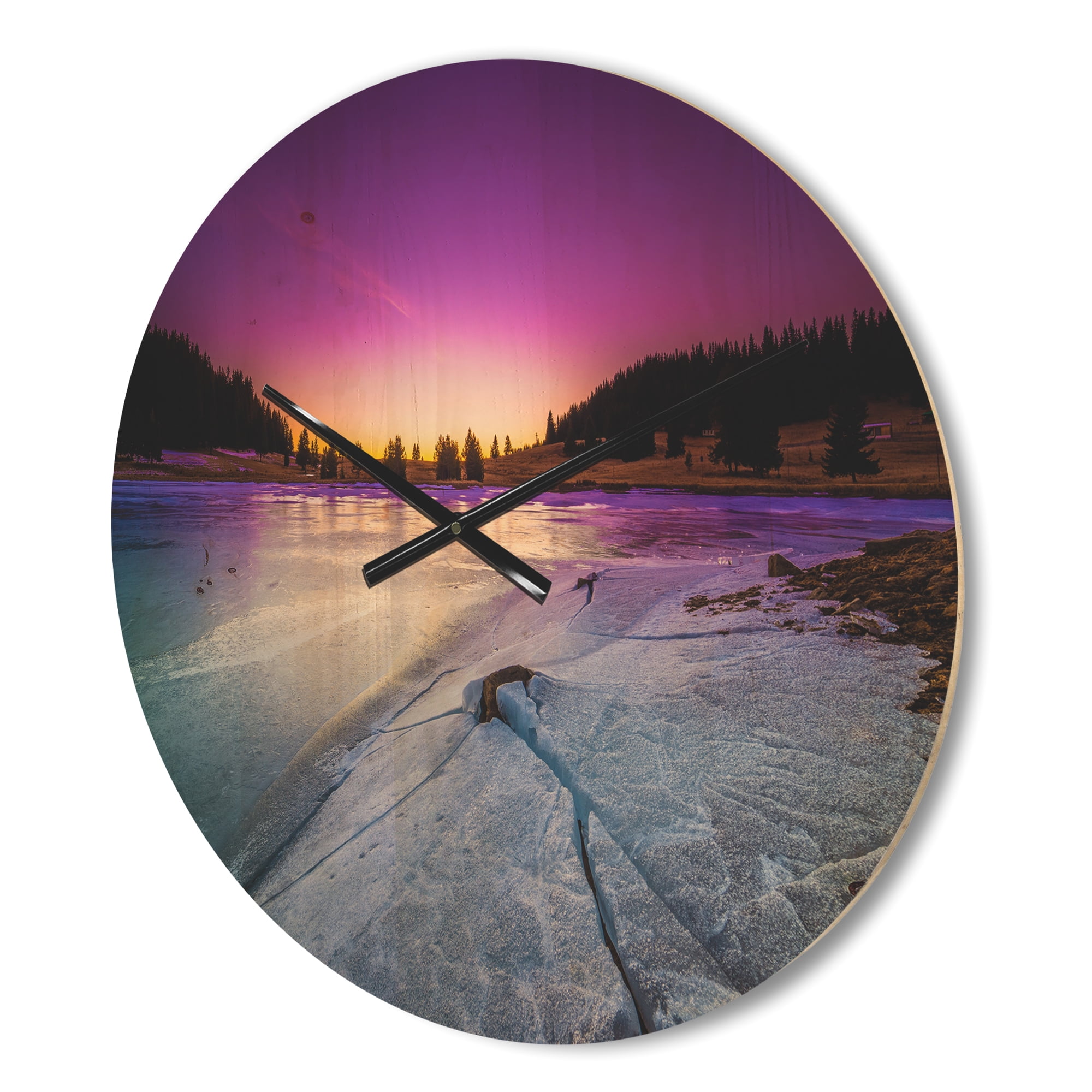 Designart 'Dawn over Frozen Lake ' Modern Wood Wall Clock