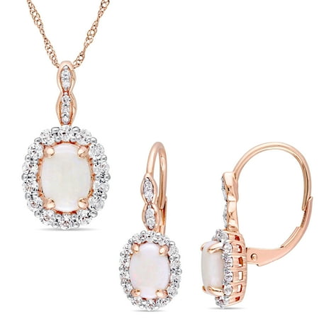 Signature Diamond Accent Signature Collection 14k Rose Gold Opal White Topaz & Diamond Accent Halo Necklace and Leverback Earrings Set ()
