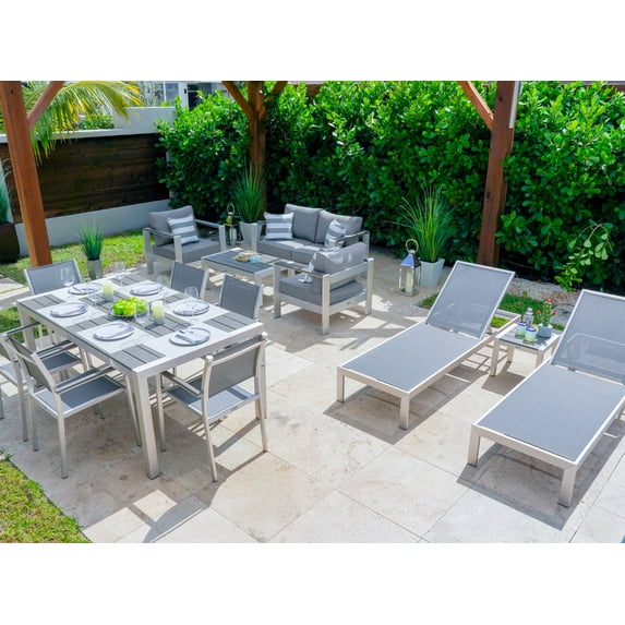 Belvedere Combination Furniture for Outdoor – Patio Furniture Set with Loveseat Set, Six-seat Dining Set, and Chaise Lounge Set (14-Piece)