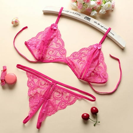 

QIPOPIQ Underwear for Women Plus Size Fashion Net Yarn Lace Perspective Bowknot Sexy Sling Temptation Lingerie Set Panties