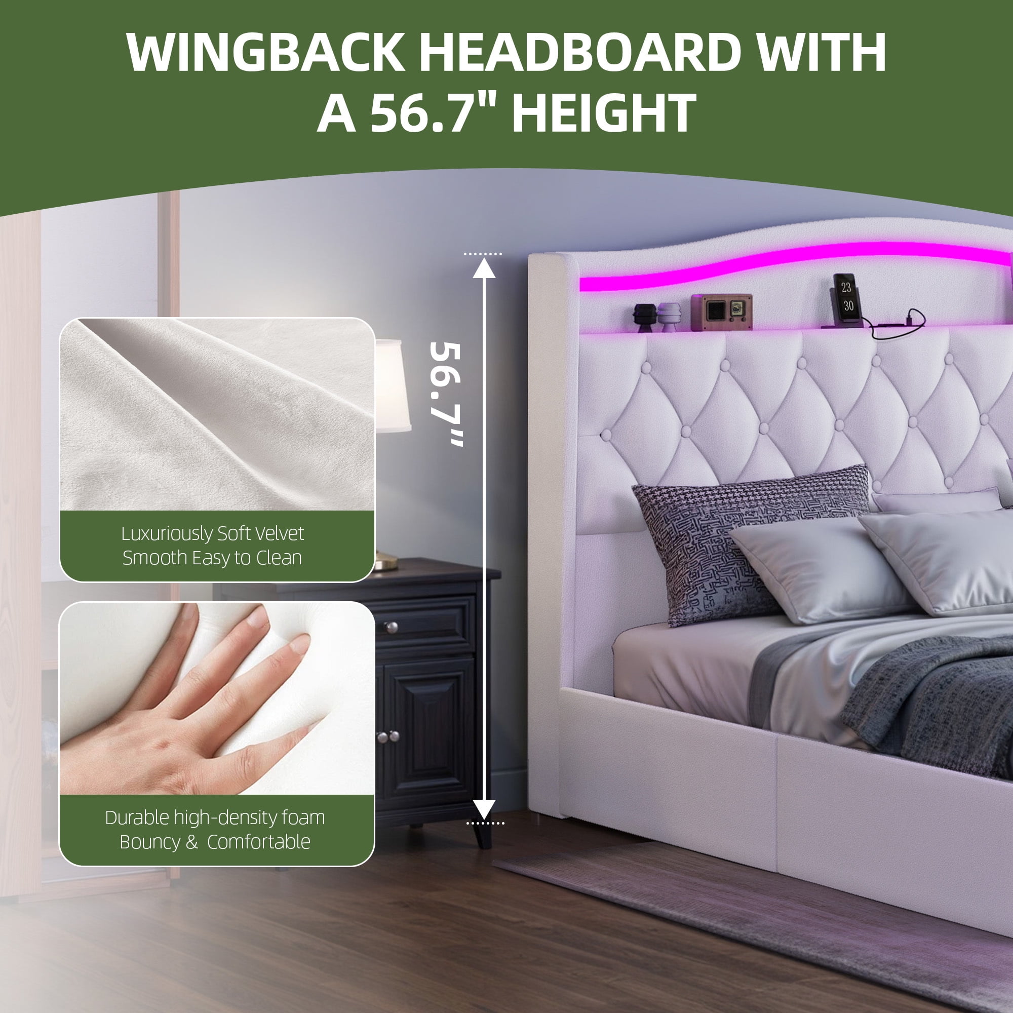 Uforic King Size Bed Frame with Power Outlets & LED Lights, Upholstered Storage Bed Frame with Drawers & Headboard, White