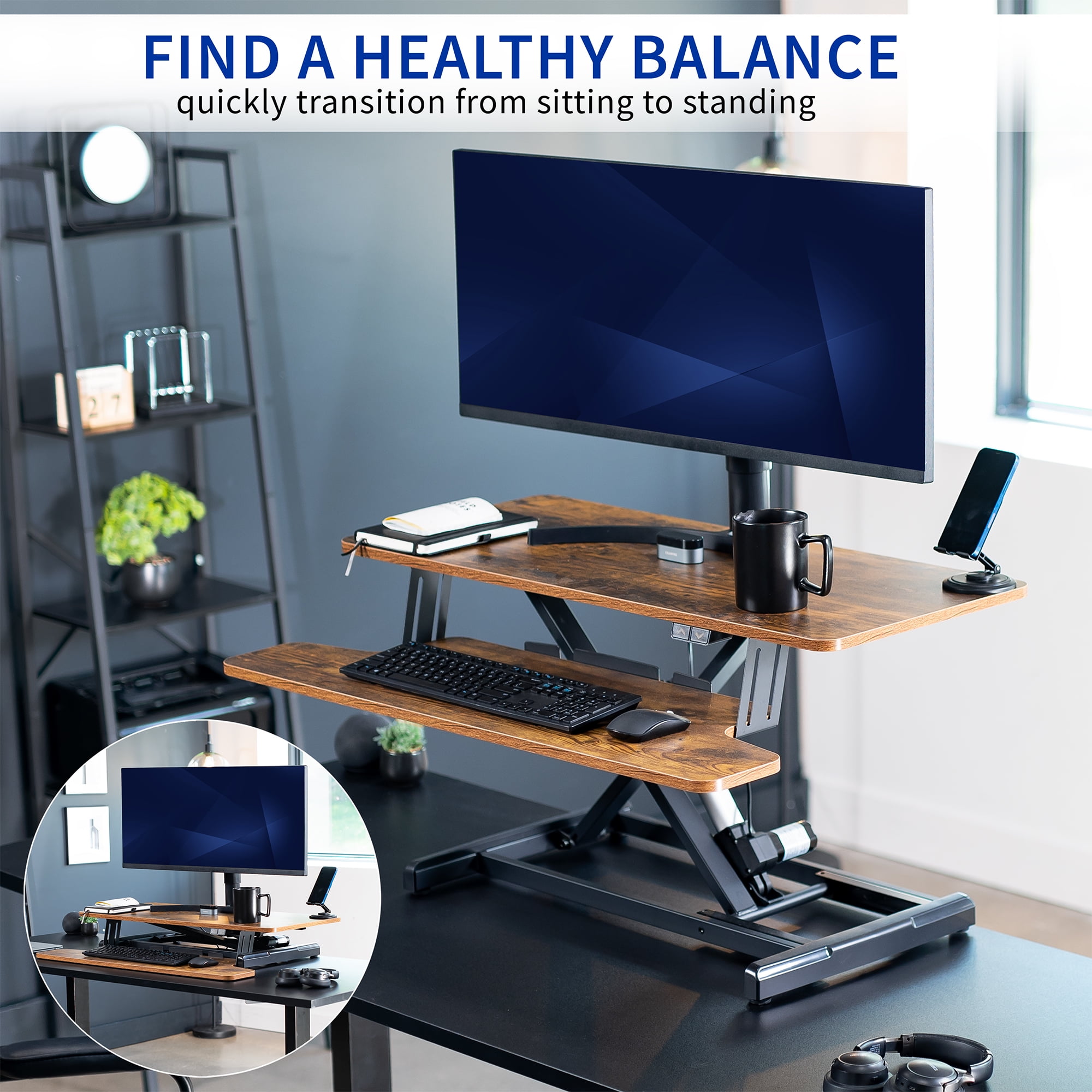 VIVO Vintage Brown Electric 36" Standing Desk Monitor Riser, Sit Stand Tabletop