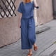 thumbnail image 1 of Pantalones Top básico de lino Pantalones recortados Cuello redondo Color sólido Manga corta Traje de vacaciones Ygjytge Azul T M para Mujer, 1 of 7
