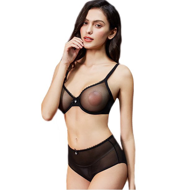 Sexy Women See-Through Lace Push Up Transparent Everyday Bra and High Waist  Panties Set