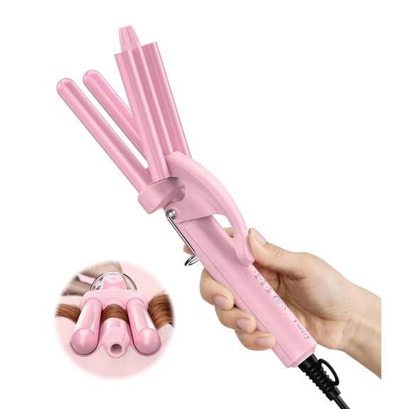 Farery Mini Hair Crimper Temperature Adjustable, 3 Barrel Curling Iron for Short Hair, Light Pink