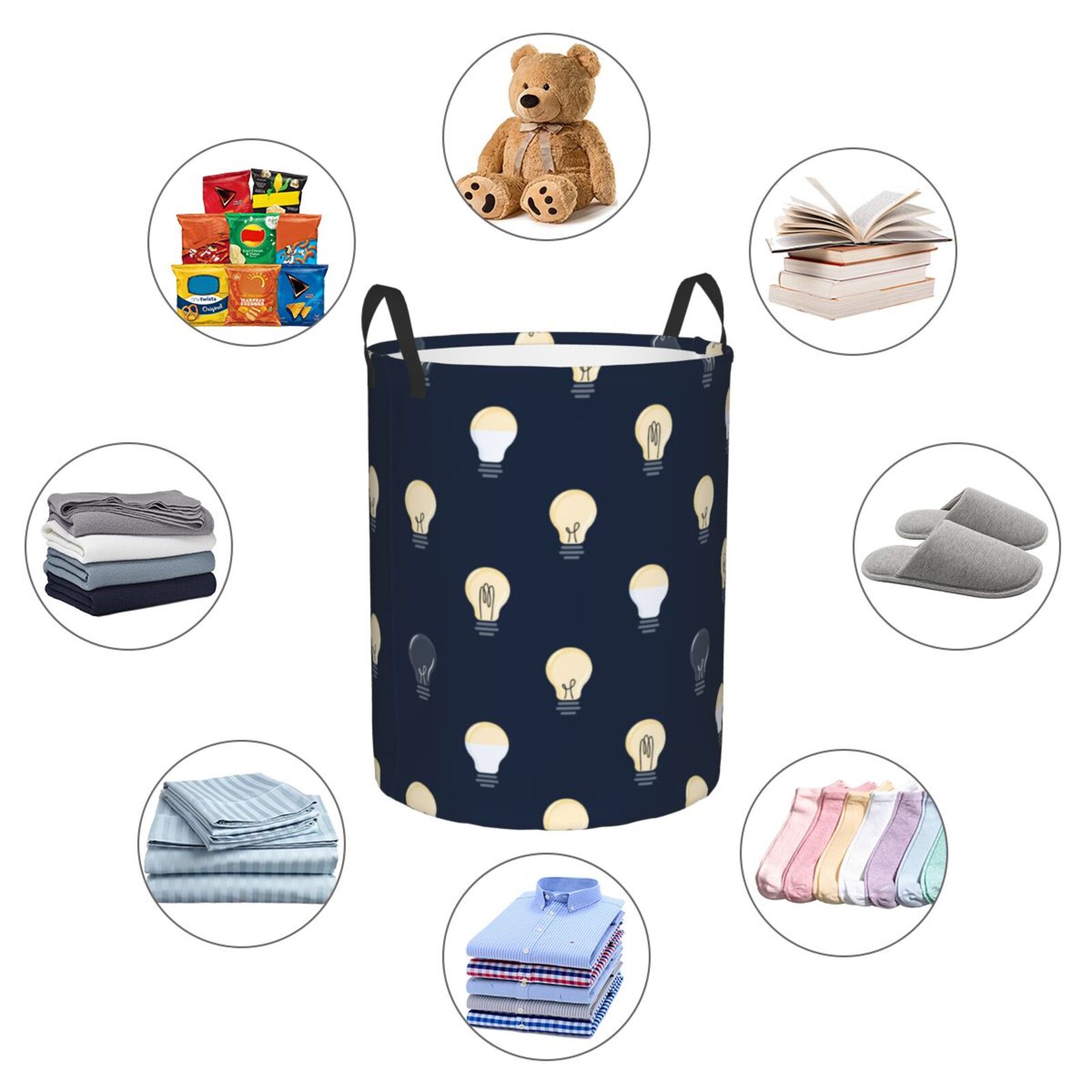 Large Laundry Basket with Handles - gray Light Bulb Pattern Kids Baby Dirty Clothes Laundry Hamper for Bedroom Aesthetic