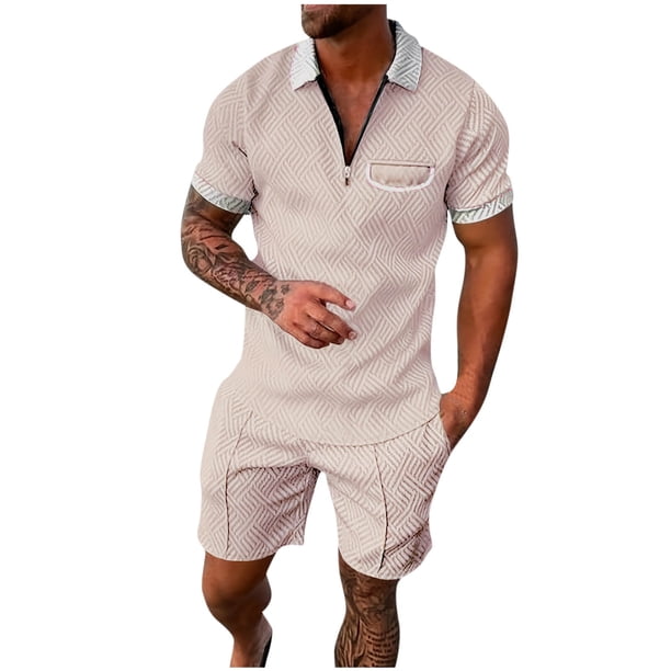 Mens Casual Pantalones Turndown Cuello Manga Corta Mitad Cremallera Blusa Y Bolsillos Pantalones Traje Deportivo para Diario
