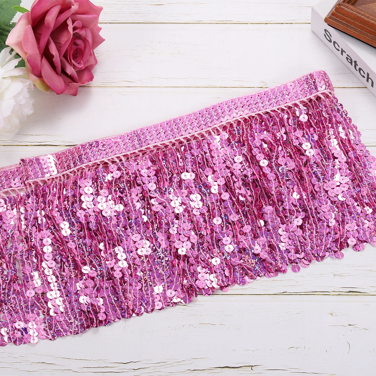 Unique Bargains Sequin Fringe Trim Wide Tassel Sewing Trim Ribbon for Clothing Pink