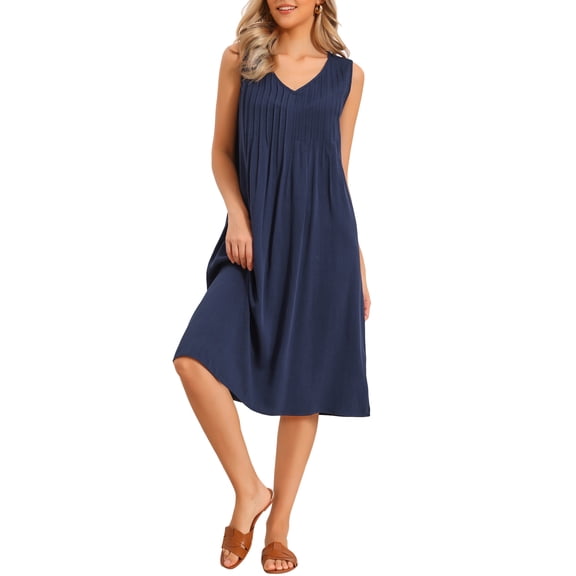 Pleated Dress for Women's Summer Casual 2025 Sleeveless Midi Swing Tank Sundress V Neck Dresses M Navy Blue