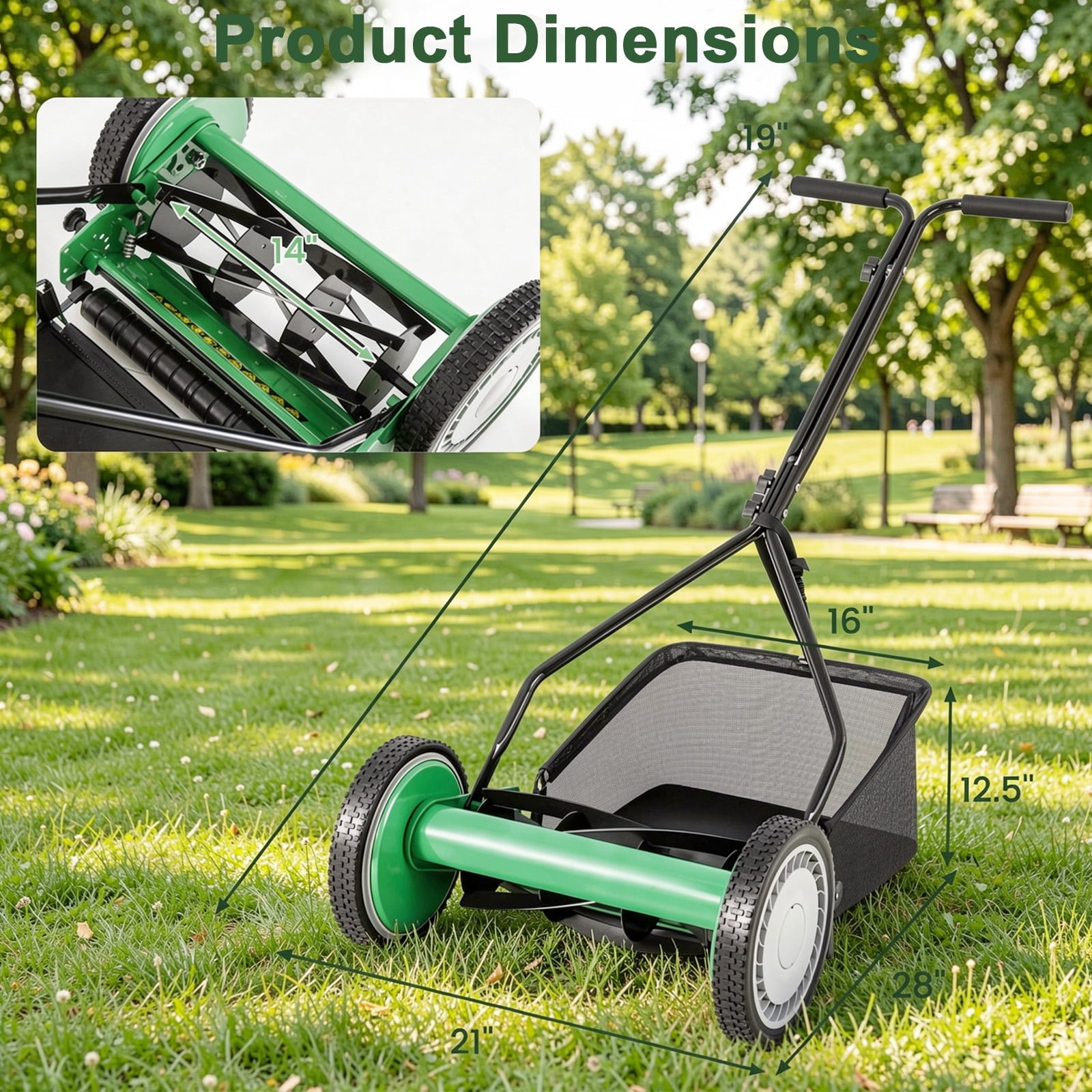 Biotree 14 Inch Push Lawn Mower with 5 Steel Blades and Grass Catcher Bag-Green Manual Reel Eco-Friendly
